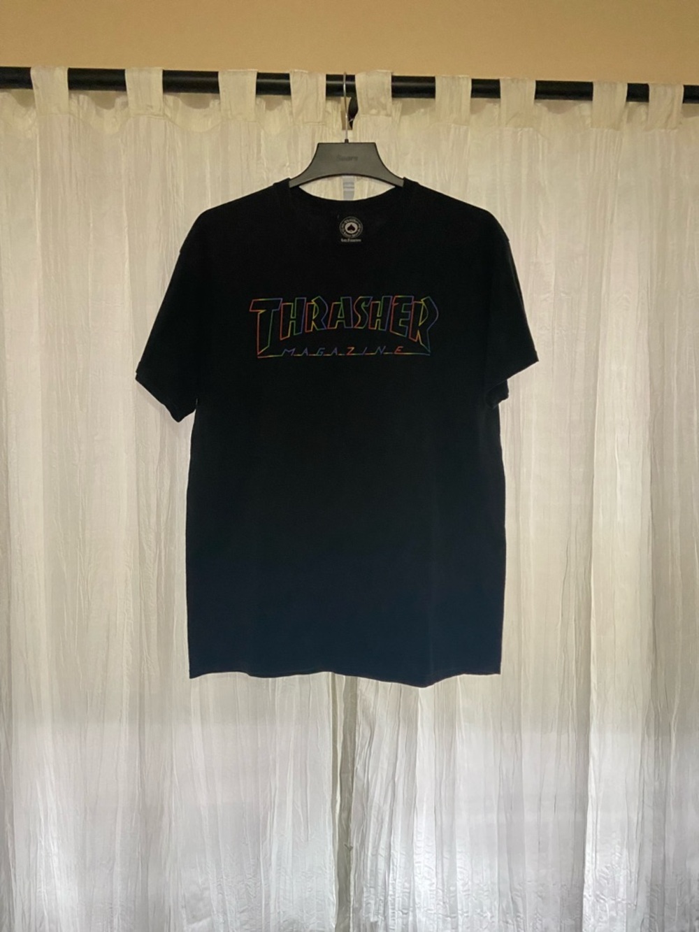 Thrasher Magazine Black Tee with Multicolor Rainbow Outline